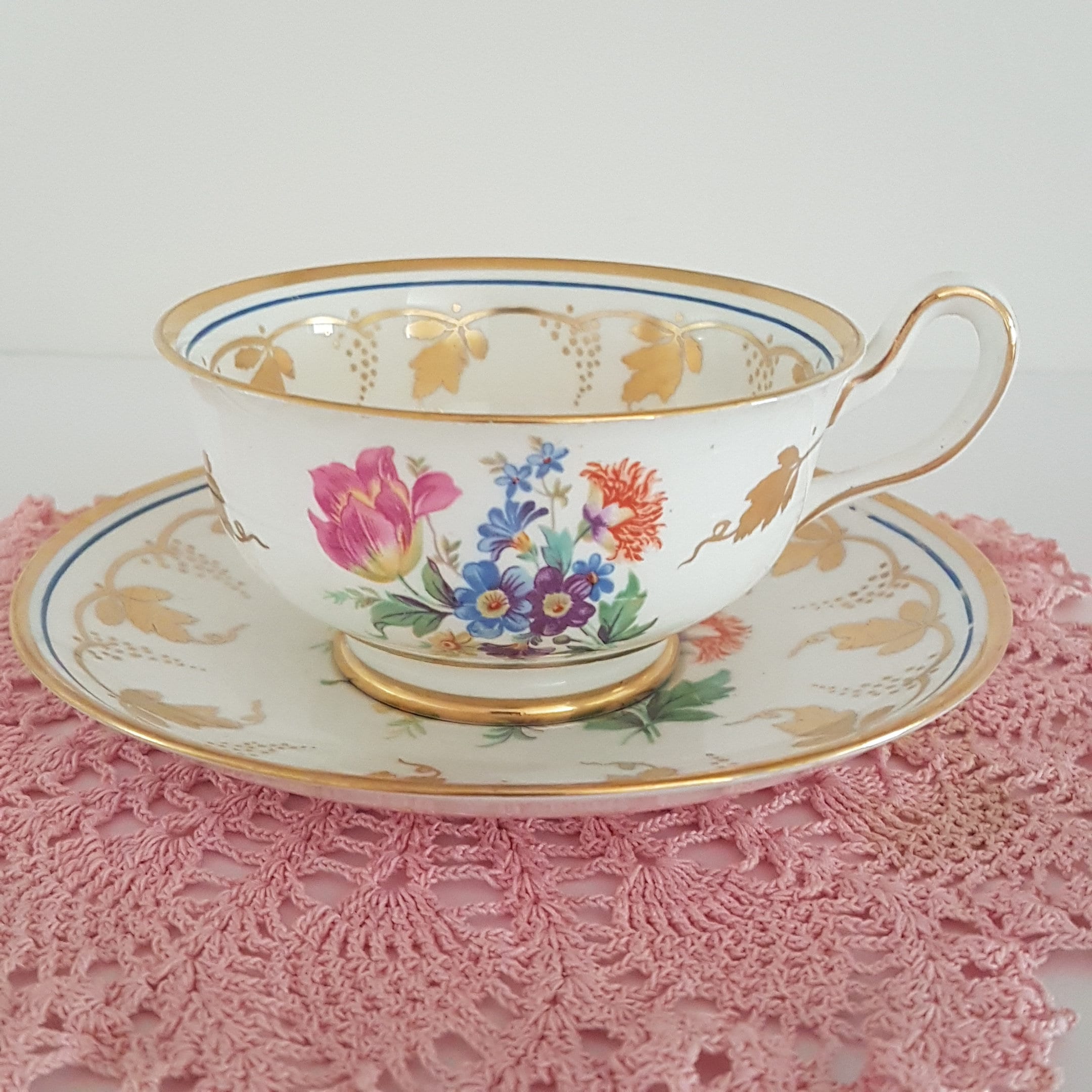 Tea Cup and Saucer, Vintage Royal Chelsea, English Bone China, Wide