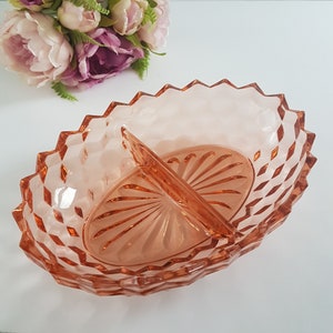 Vintage 1930s Pink Depression Glass Divided Serving Dish - Jeannette Glass Cube Design