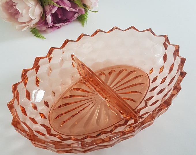 Pink Depression Glass 2 Part Divided Serving Dish, Jeannette Glass CUBE Cubist Cubic, 1930s