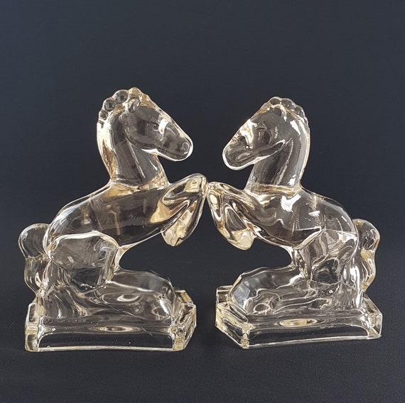Glass Horse Bookends, Vintage LE Smith Mid Century Clear Glass Equestrian Sculpture