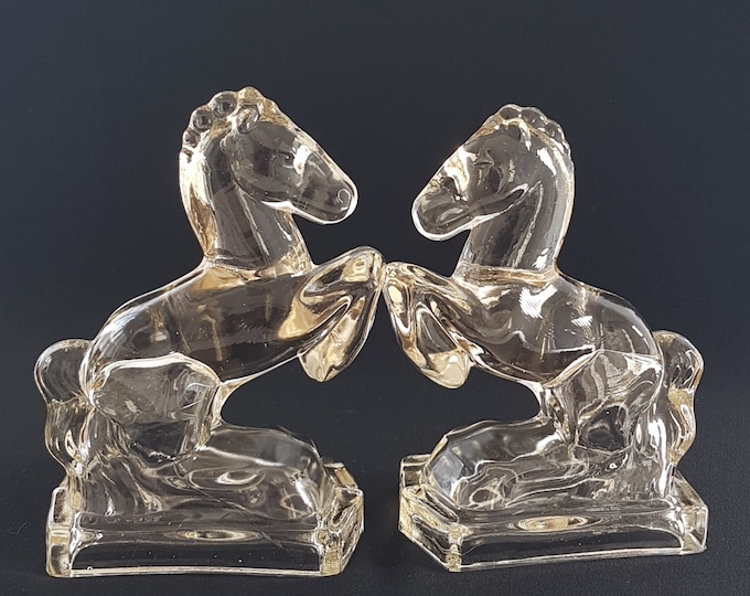 Glass Horse Bookends, Vintage LE Smith Mid Century Clear Glass Equestrian Sculpture