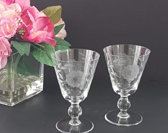 Vintage WJ Hughes Cornflower Crystal Water Glasses - Etched 12 Petal, Bulbous Stem, 8oz Set of 2