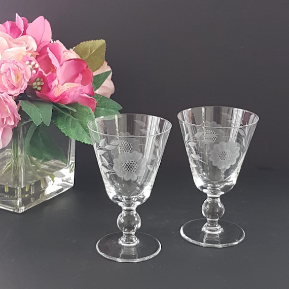 Vintage Hughes Cornflower Crystal Water Glasses: Etched Floral Stem, Set of 2