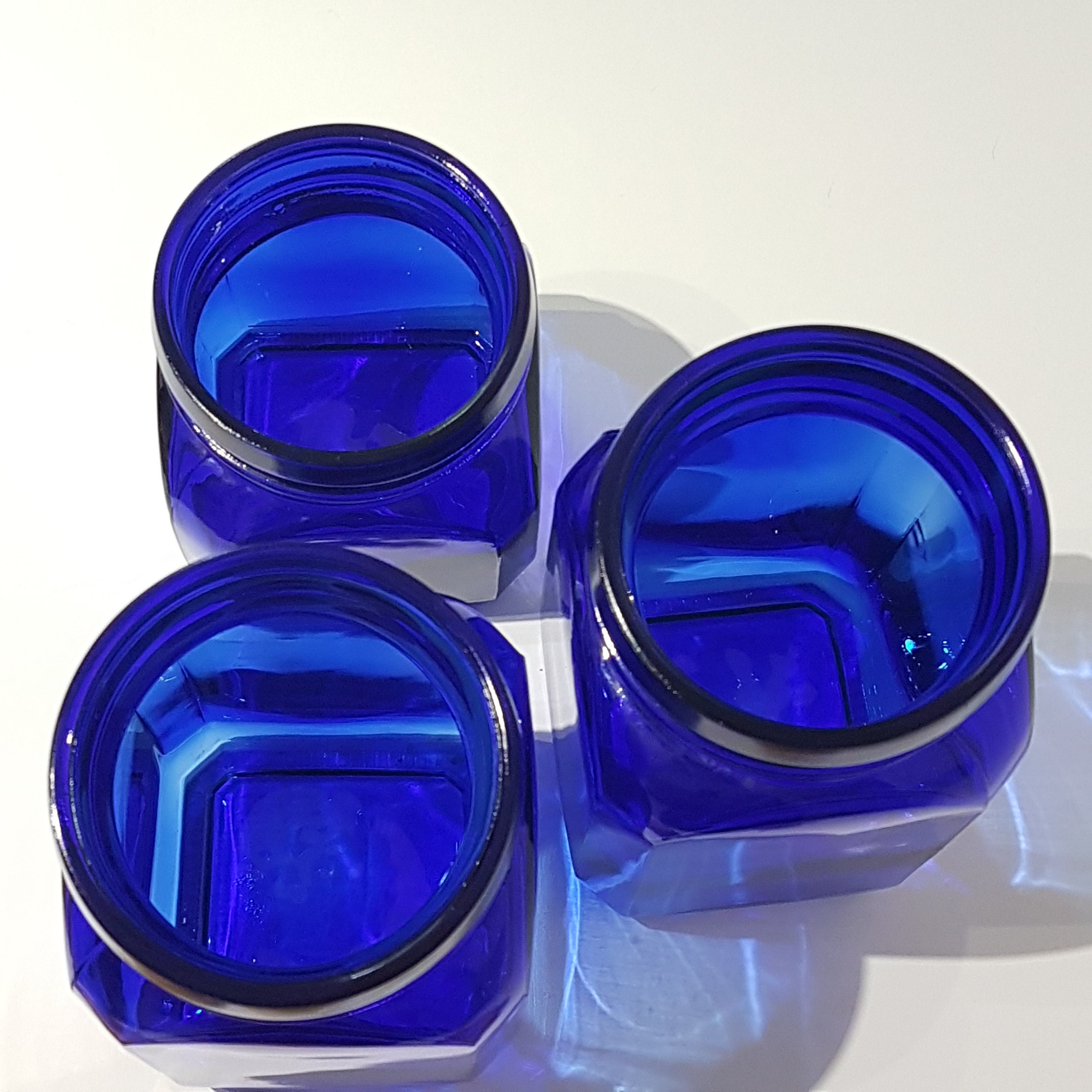 Set Of 3 Cobalt Blue Glass Canister Jars With Wood Lids Vintage Apothecary Jars Blue Kitchen