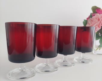 4pc Vintage Luminarc Cavalier Ruby Red Wine Glasses Set - 8oz Retro French Barware