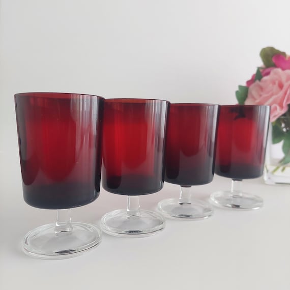 4pc Vintage Luminarc Cavalier Ruby Red Wine Glasses Set - 8oz Retro French Barware
