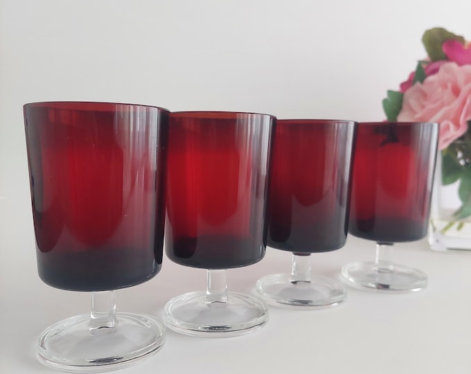 4pc Vintage Luminarc Cavalier Ruby Red Wine Glasses Set - 8oz Retro French Barware