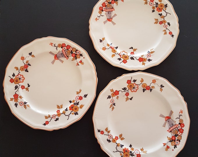 3 Luncheon Plates 8", Alfred Meakin DELICIA, Astoria Shape, Art Deco Orange Flower, Windmill, Meakin Marigold Dinnerware, 1930's