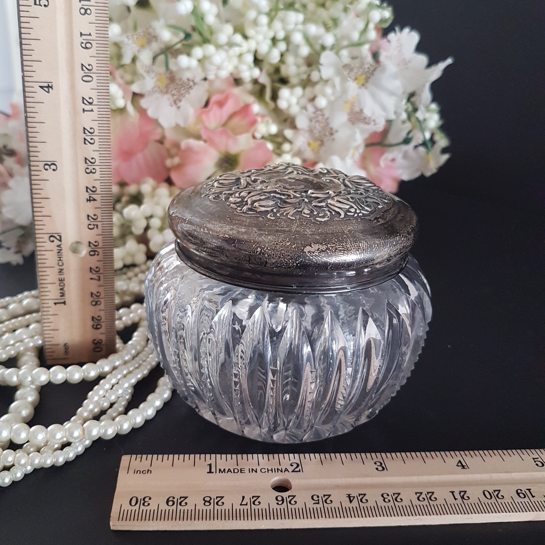 Vintage Round Glass Vanity Jar with Silverplate Lid, Trinket Jar, Floral Embossed Removable Lid