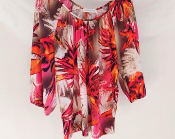 Laura Petite Pink Orange Tropical Floral Off Shoulder Boho Peasant Blouse Petite Large