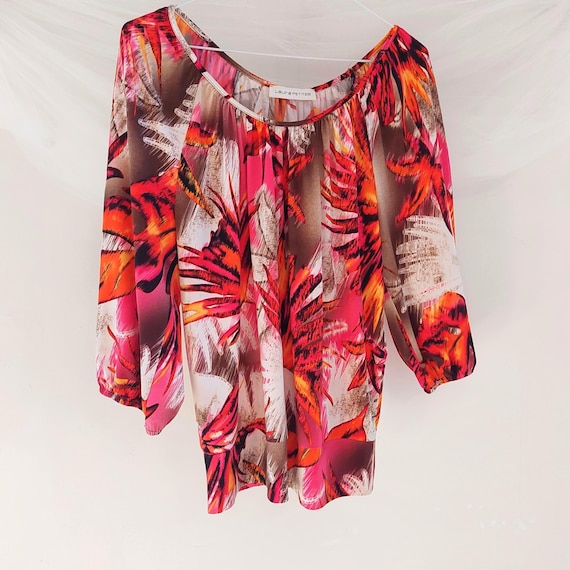 Laura Petite Pink Orange Tropical Floral Off Shoulder Boho Peasant Blouse Petite Large