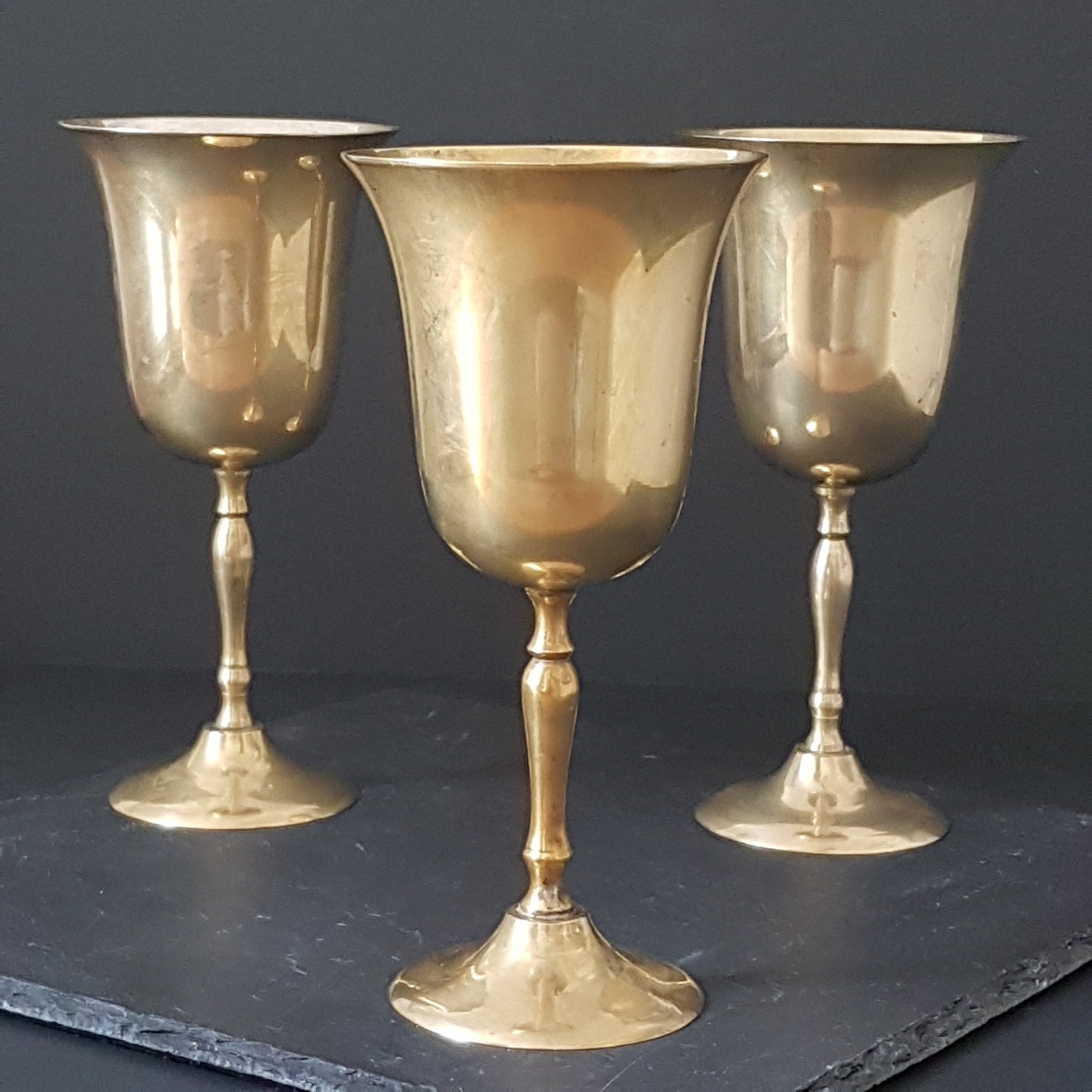 Vintage Brass Wine Goblets, Set of 3, Boho Brass Goblets, 8oz