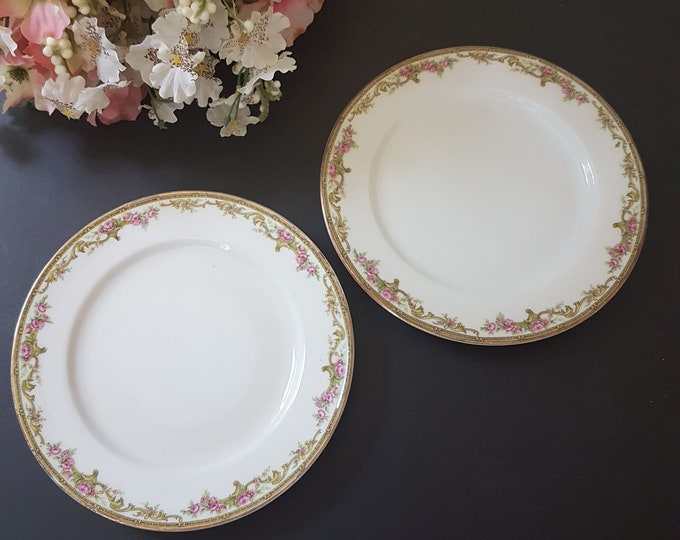 French Antique Limoges, Set of 2 Porcelain Salad Plates, Pattern 7219, Pink Cabbage Roses, Scrolls, Gold Edge, 1907