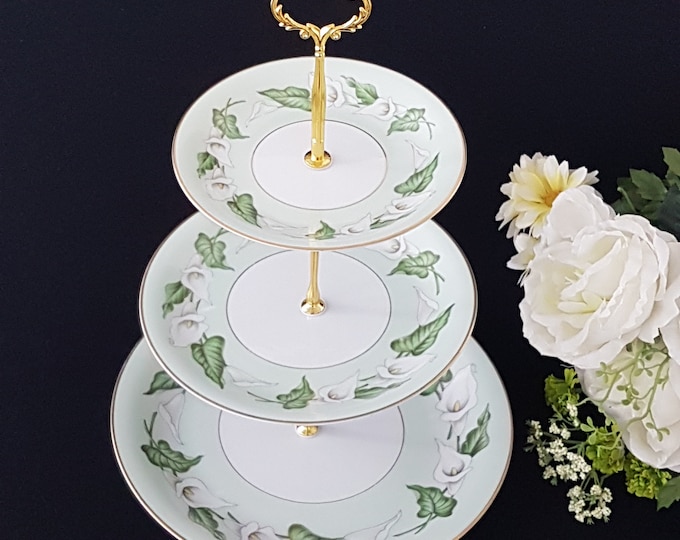 3 Tier Cake Stand, Noritake ADRIENNE, Vintage Porcelain Side Salad Dinner Plates, Green with White Calla Lily, Tea Party, Serving Tray