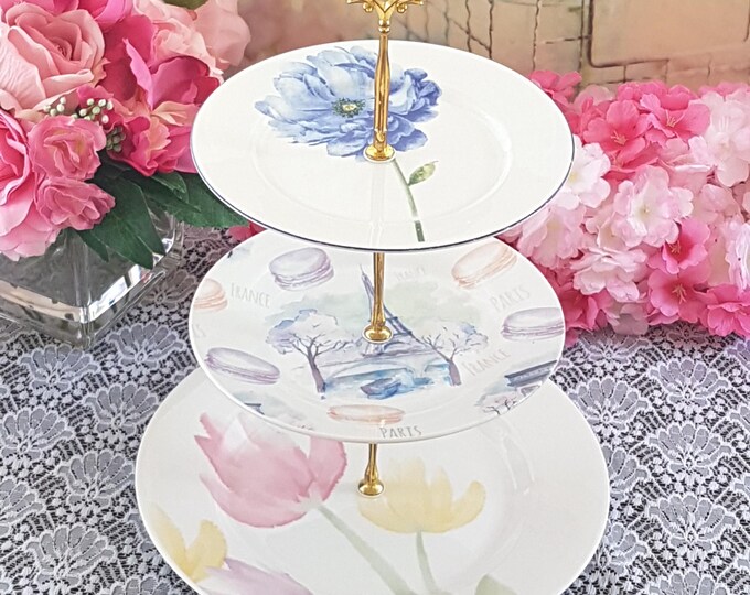 Elegant 3-Tier Pastel Floral Cake Stand | Paris-Inspired Dessert Serving Tray for Tea Parties & Weddings