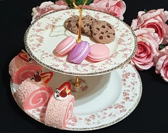 2 Tier Cake Stand, Vintage Porcelain Plates, Pink Roses, Afternoon Tea Party, Dessert Cupcake Stand