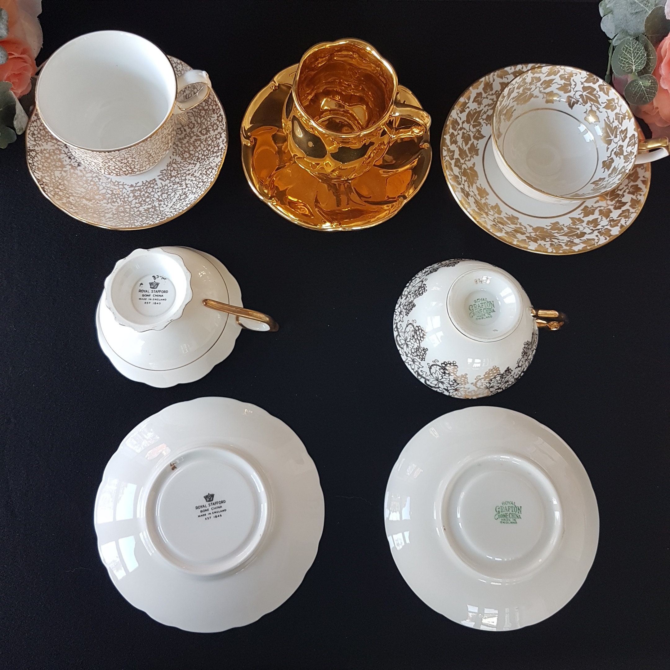 LOT of 5 Mismatched Tea Cups and Saucers, Bulk Vintage English Bone