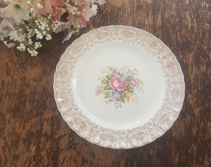 Georgian China ROSALIE Dinner Plates, 10 Inch, Set of 2, Pink Rose Floral Bouquet Center, Gold Floral Chintz Filigree on Rim, Made in USA