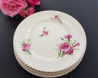 Johnson Brothers, PINK CARNATIONS, Old English Dinner Plates, Set of 4, Made in England, 1950s