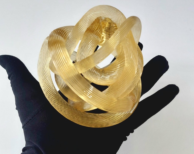 Hand-Blown Amber-Yellow Glass Knot Sculpture - Murano Style Ribbed Rope Art