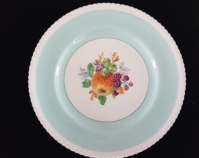 Johnson Brothers CALIFORNIA Teal Blue Dinner Plate, 10 Inch Vintage Ironstone, Fruit Center, Made in England - CRAZING