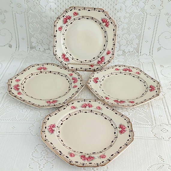 Set of 4 Vintage Thomas Hughes Coronation Rose 7.75" Octagonal Pink Floral Gold Plates