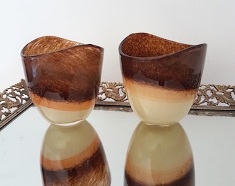 Blown Glass Art Glass Whiskey Glasses, Set of 2 Wavy Amber Tumblers, Unique Barware