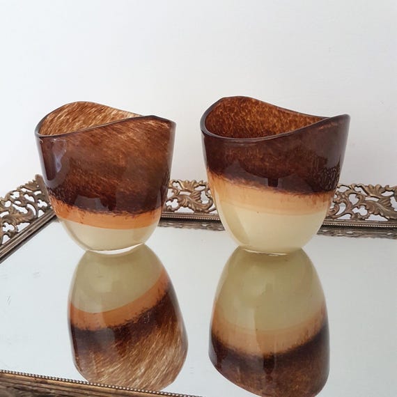 Blown Glass Art Glass Whiskey Glasses, Set of 2 Wavy Amber Tumblers, Unique Barware