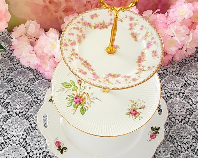 Handmade 3 Tier Cake Stand, Elegant Pink Roses Porcelain Dessert Stand for Tea Parties or Weddings