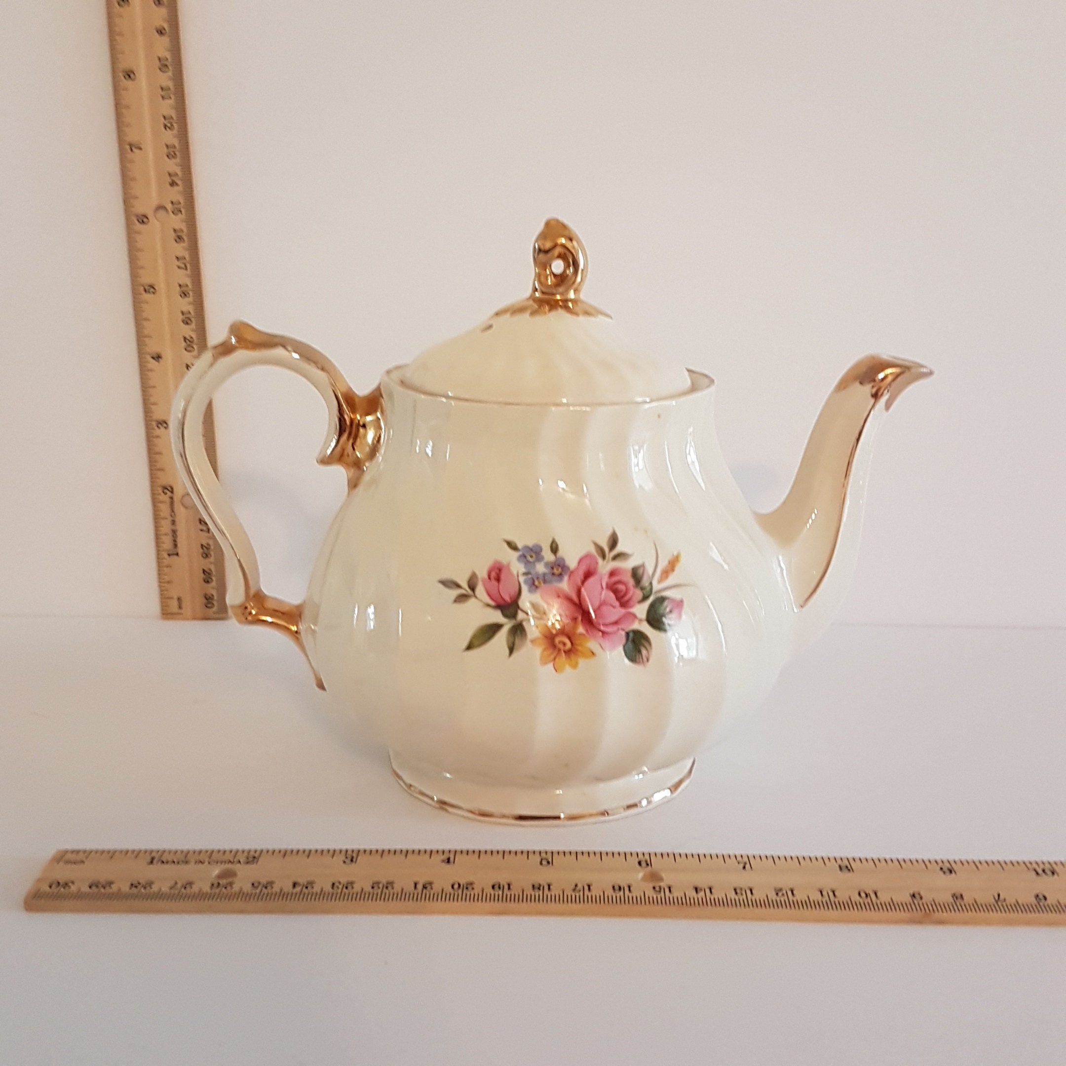 Vintage James Sadler Teapot, Full Size, Pink Rose, Blue Yellow Purple