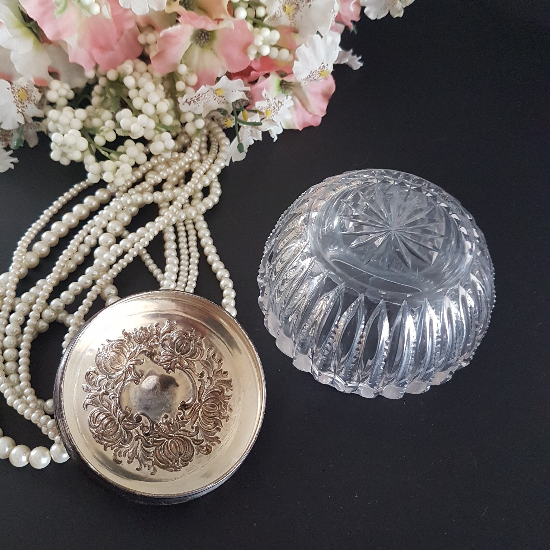 Vintage Round Glass Vanity Jar with Silverplate Lid, Trinket Jar, Floral Embossed Removable Lid