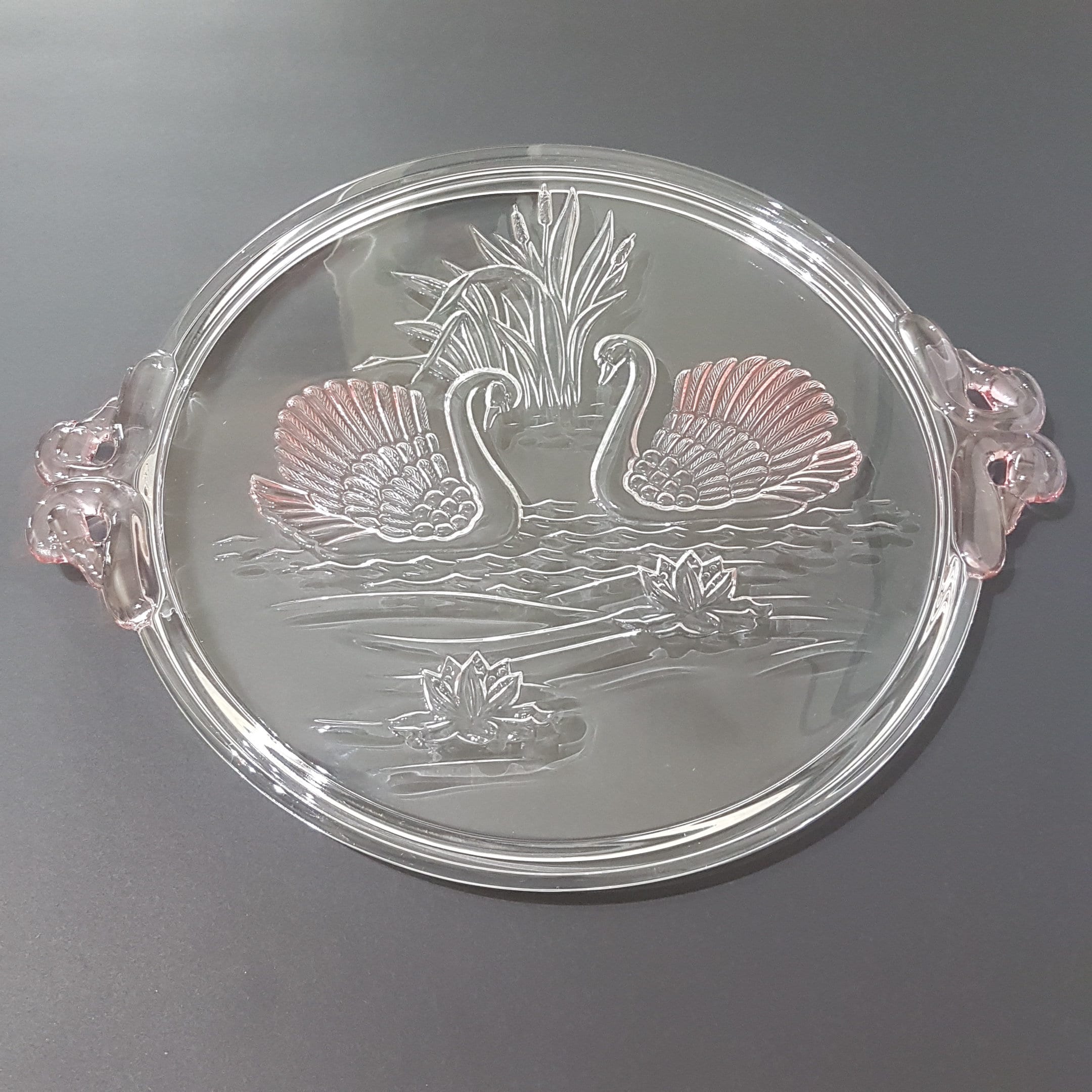 Vintage Mikasa Crystal Swan Round Cake Plate with Pink Swan Handles