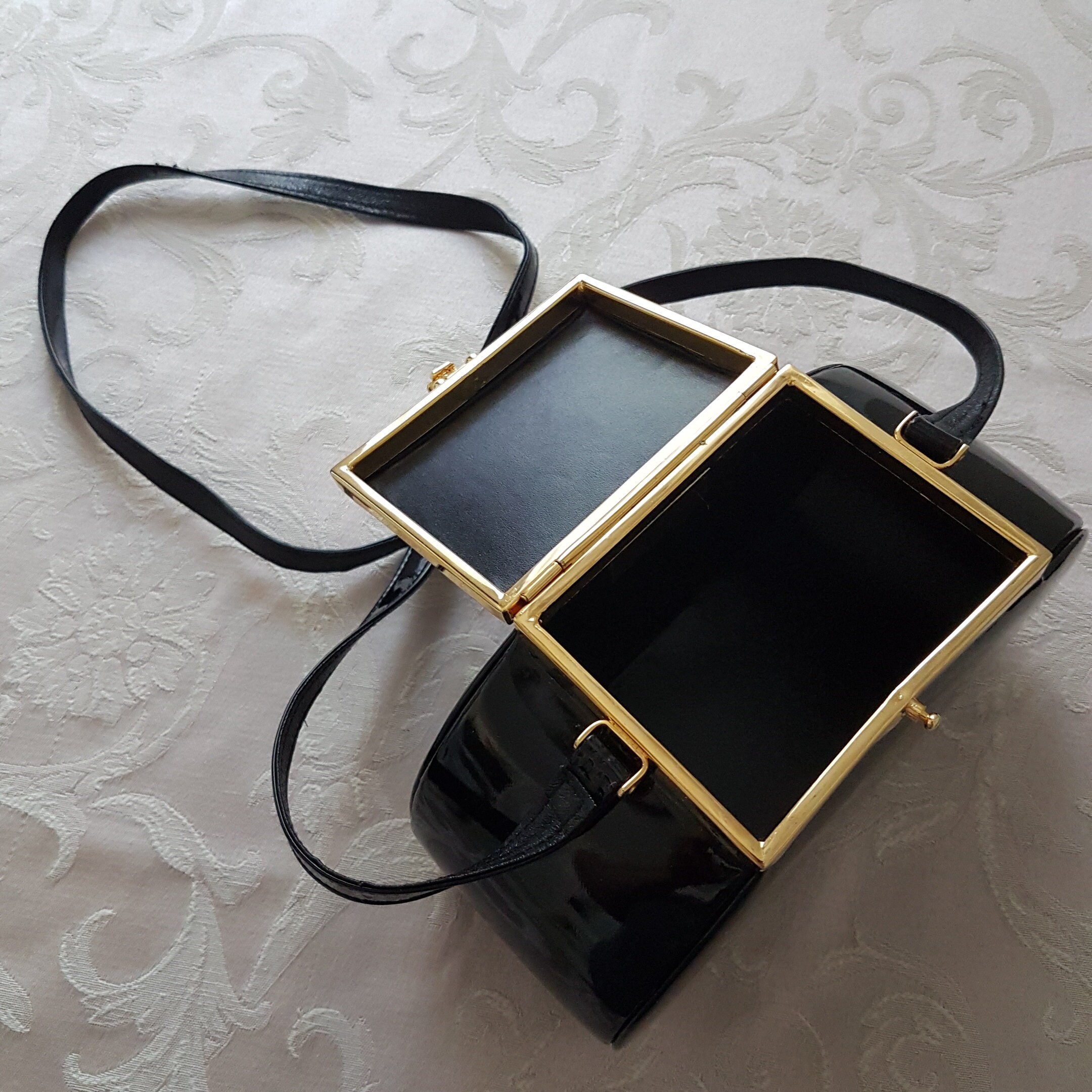 Black Patent Leather Box Purse, Vintage Brumelle Milano Italy, Opens on