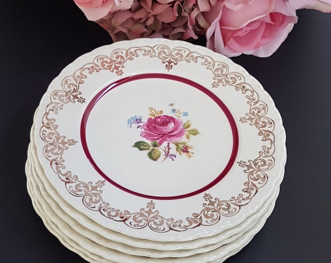 Dessert Plates, Grindley Cream Petal, Pink Rose Pattern, Gold Scroll Overlay, 6.25 Inch, Set of 6, Made in England