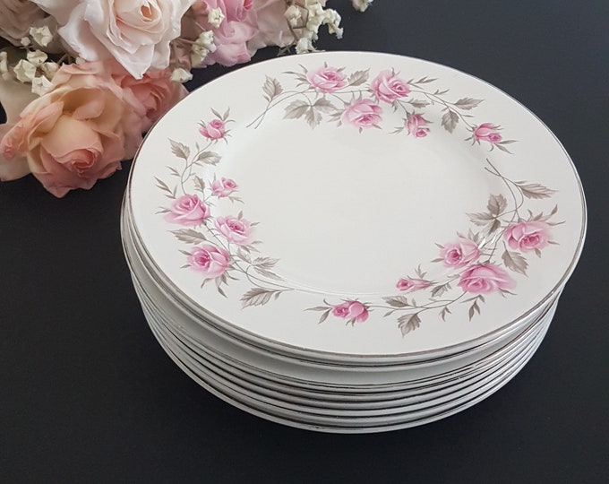 Dessert Plates, Johnson Brothers RHAPSODY, 6.25 Inch, Set of 4, White Ironstone, Pink Roses, Gray Leaves, Platinum Edge, Made in England