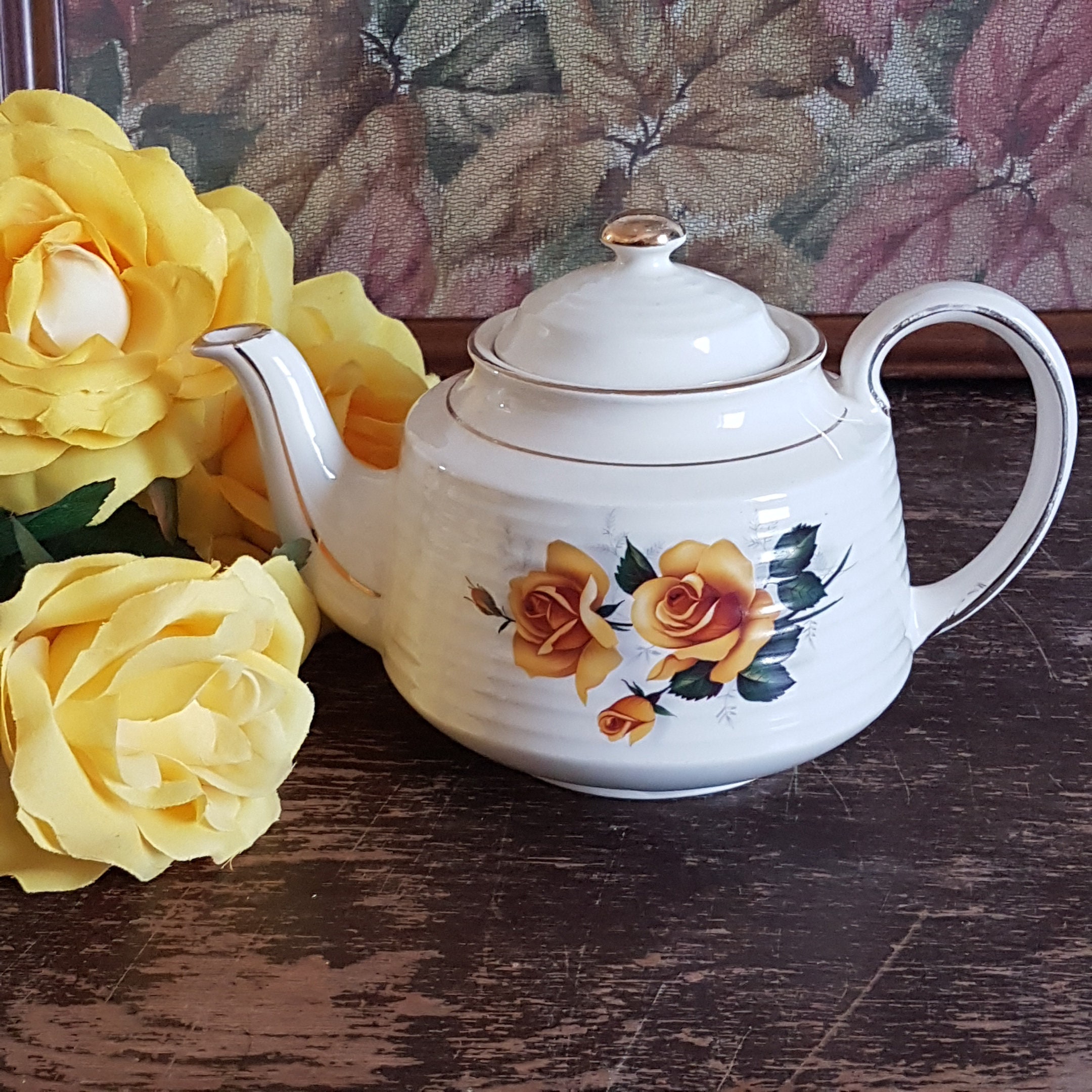 Vintage Sadler Porcelain Collectible Yellow Rose Teapot Giftable
