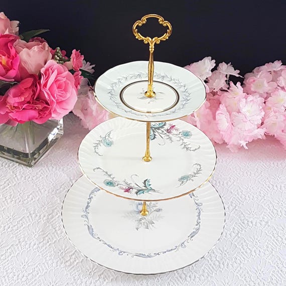 Vintage 3 Tier Bone China Cake Stand - Mismatched Floral Plates Wedding Dessert Display