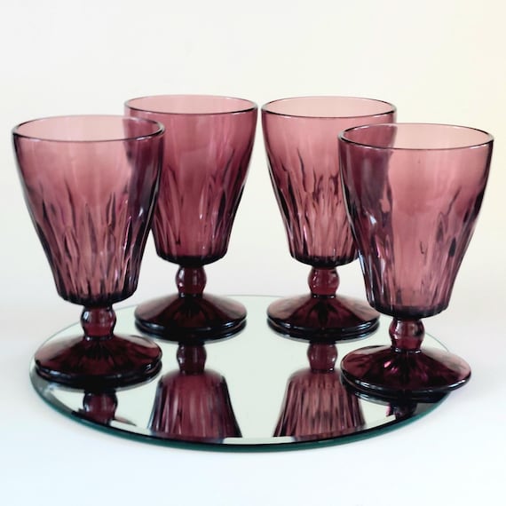 Vintage Amethyst Purple Goblets, Set of 4 Mid-Century Modern Plum Panel Optic Stemware