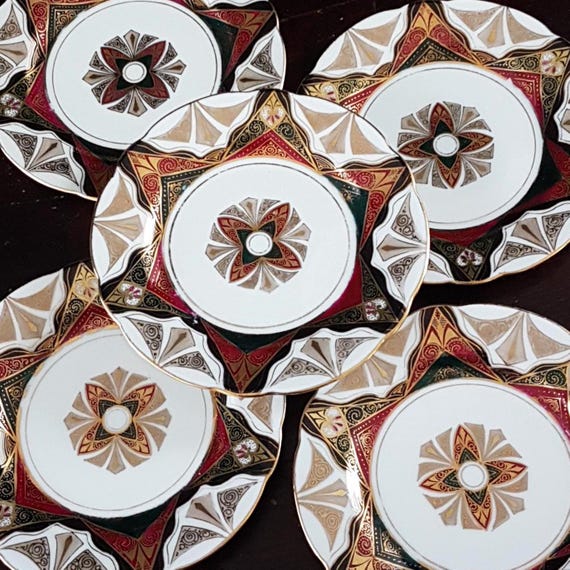Antique Alhambra Austria Art Deco Side Plates Set of 5 Hand Painted Bohemian Porcelain