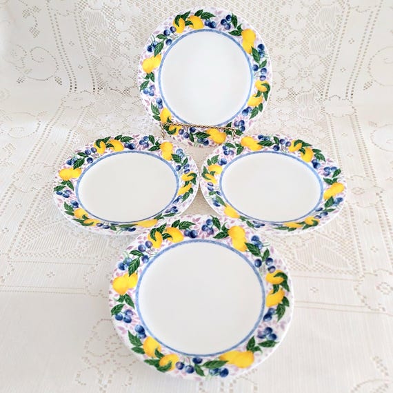 4 Vintage Corelle Summer Citrus 7.25" Dessert Plates - Discontinued Lemon Blueberry Vitrelle Glass Set