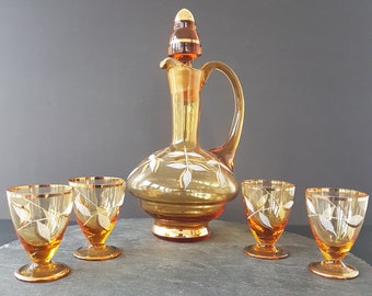 Vintage Decanter Set, Amber Glass Decanter with 4 Shot Glasses, White Frosted Leaf Design, Gold Trim