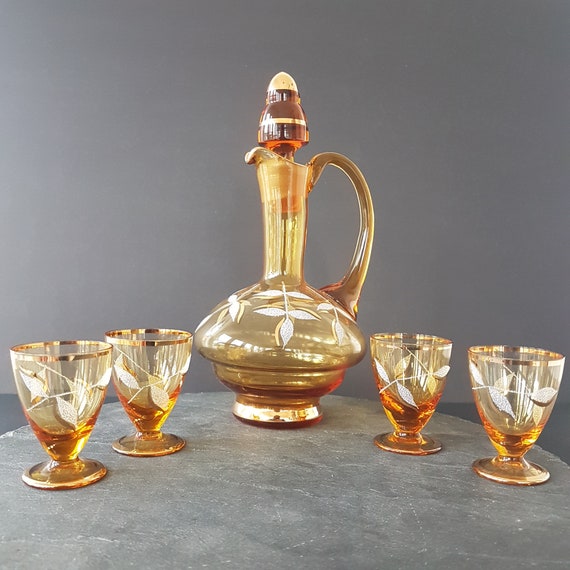 Vintage Amber Glass Decanter Set with Frosted Leaf Design Gold Trim & 4 Shot Glasses
