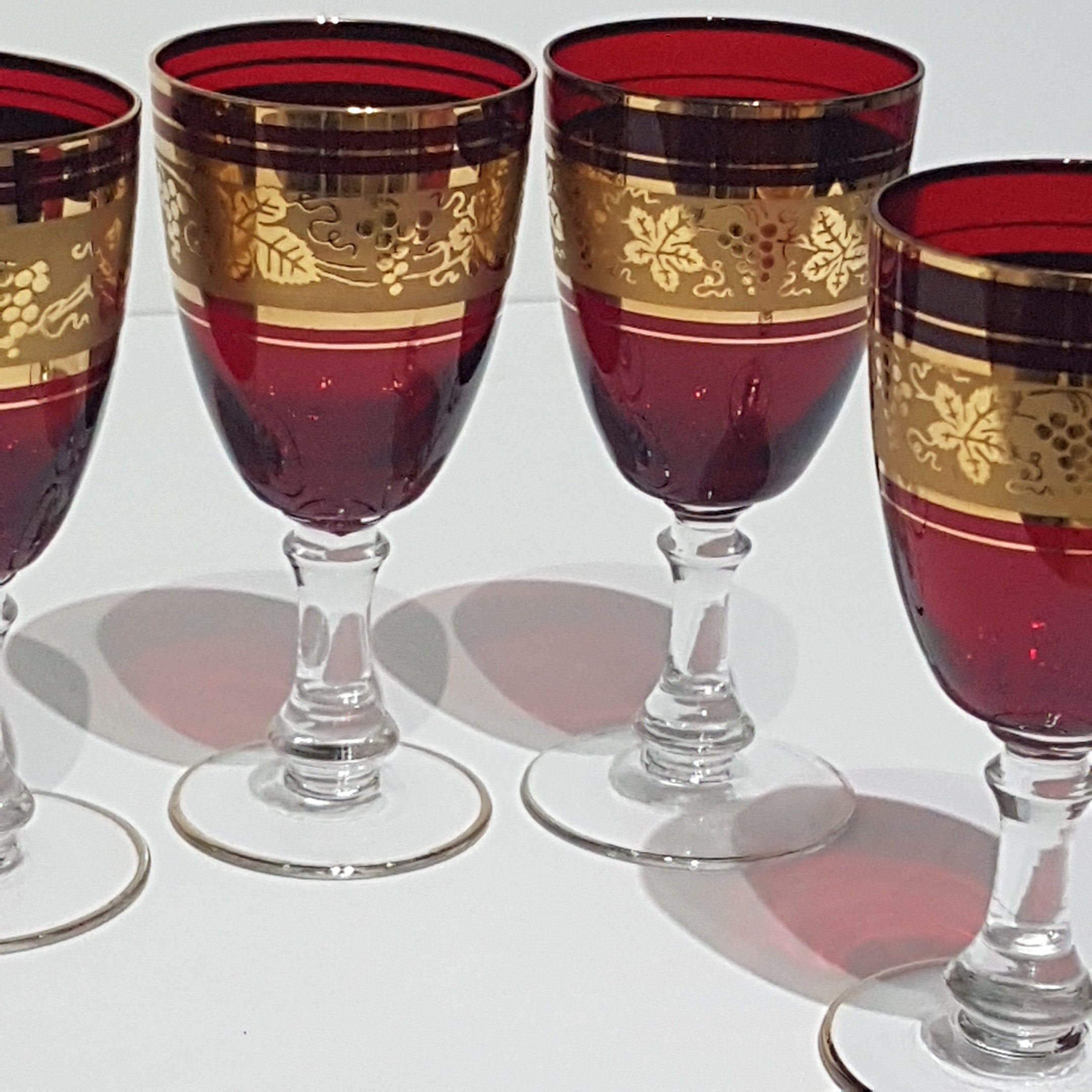 Ruby Red Crystal Gold Trimmed Wine Glasses Goblets Red Glassware Set of 4 