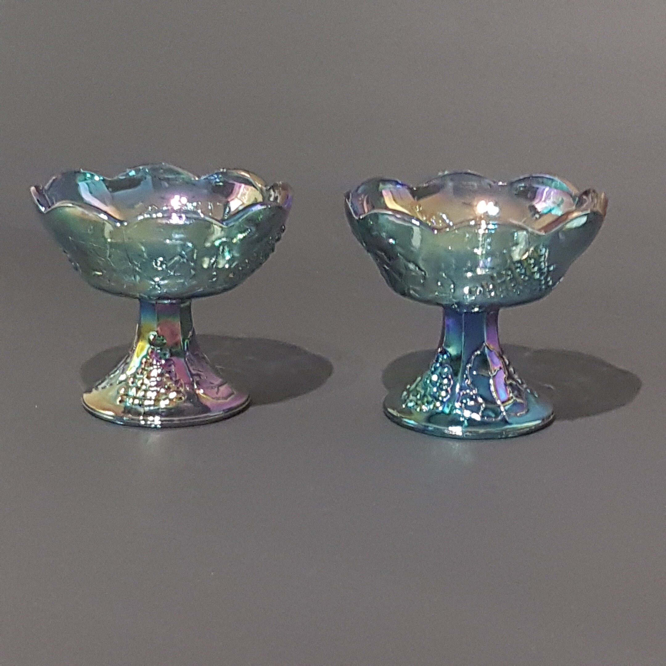 Pair of Blue Carnival Glass Candlestick Holders in Indiana Glass Blue