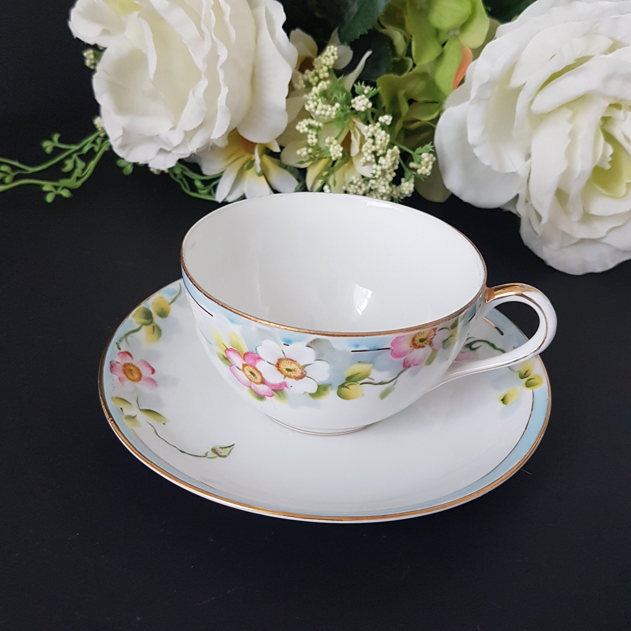 Tea Cup and Saucer, Hand Painted Nippon, Vintage Porcelain Cup Saucer