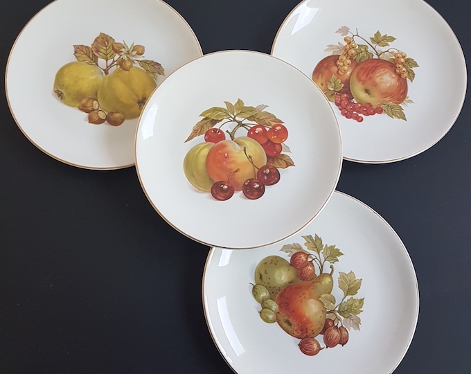 Salad Plates, Various Fruit Centers, Myott Fine Ironstone, 8 Inch, Set of 4, Fruit & Nut, Apples, Pears, Berries, Cherries, Made in England