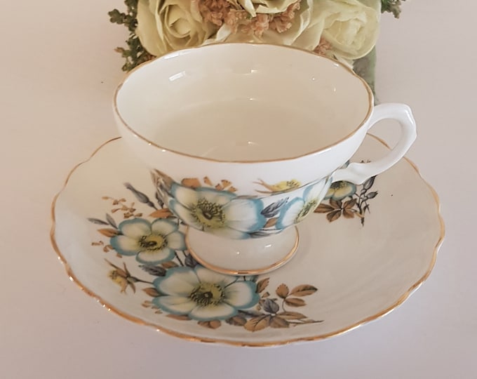 Tea Cup and Saucer, White Blue Rose, Vintage English Bone China, Made in England