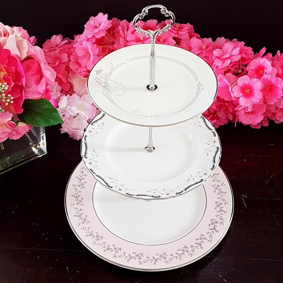 Elegant 3-Tier Pink & Silver Bone China Cake Stand for Buffets, Parties, and Afternoon Tea