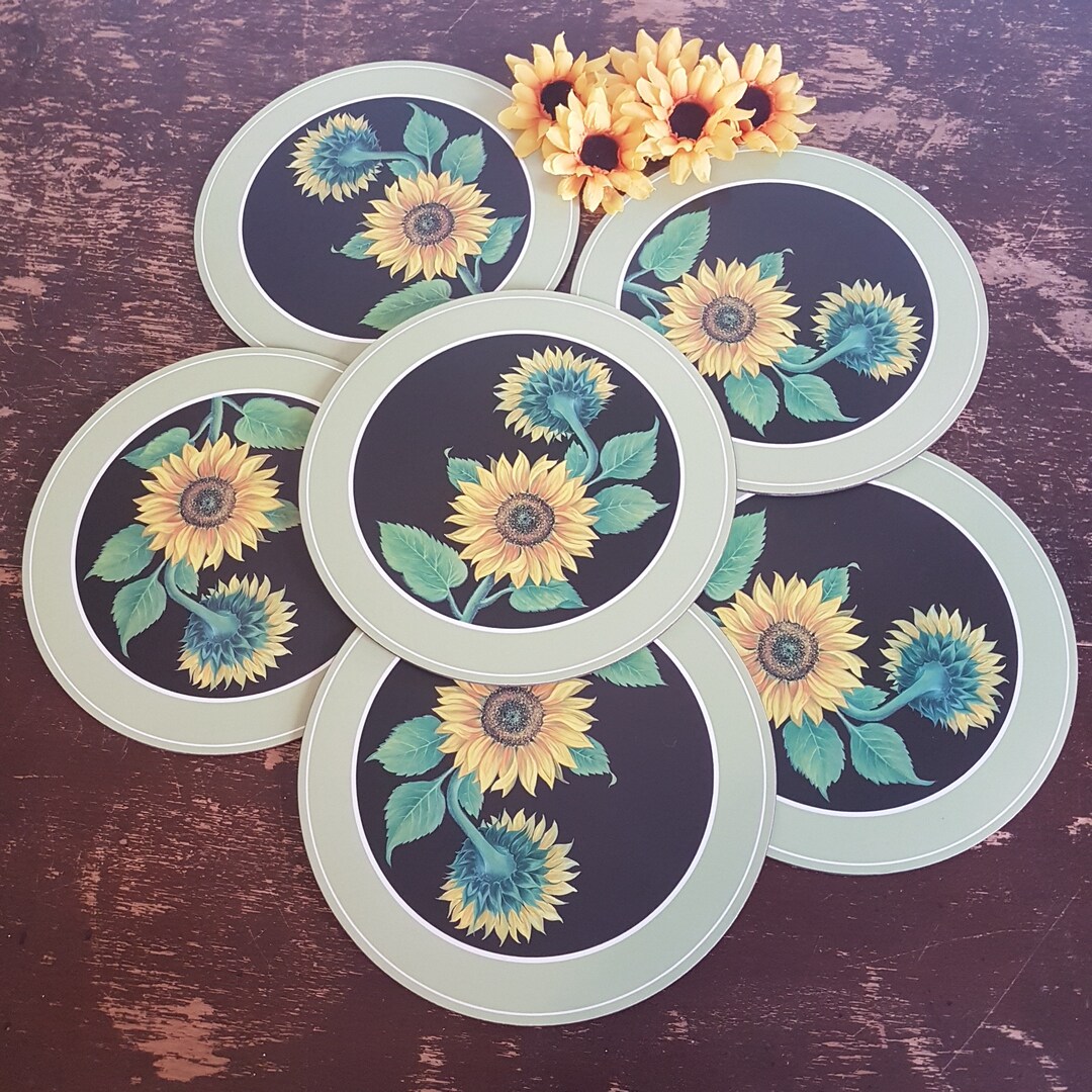 10 Round Pimpernel Sunflower Placemats, Set of 6 Vintage Cork Backed