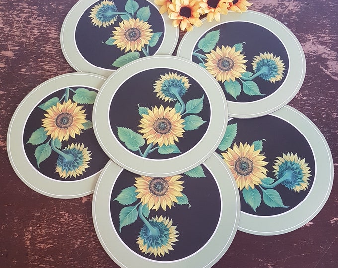 10" Round Pimpernel Sunflower Placemats, Set of 6 Vintage Cork Backed Table Mats, Made in England, 1970s